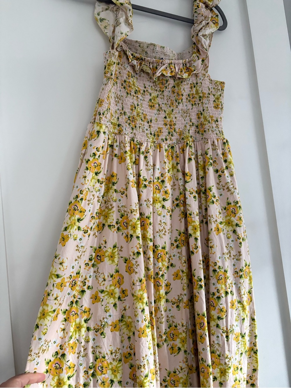 BCBGeneration Blush Pink Midi Dress with Yellow Floral Print